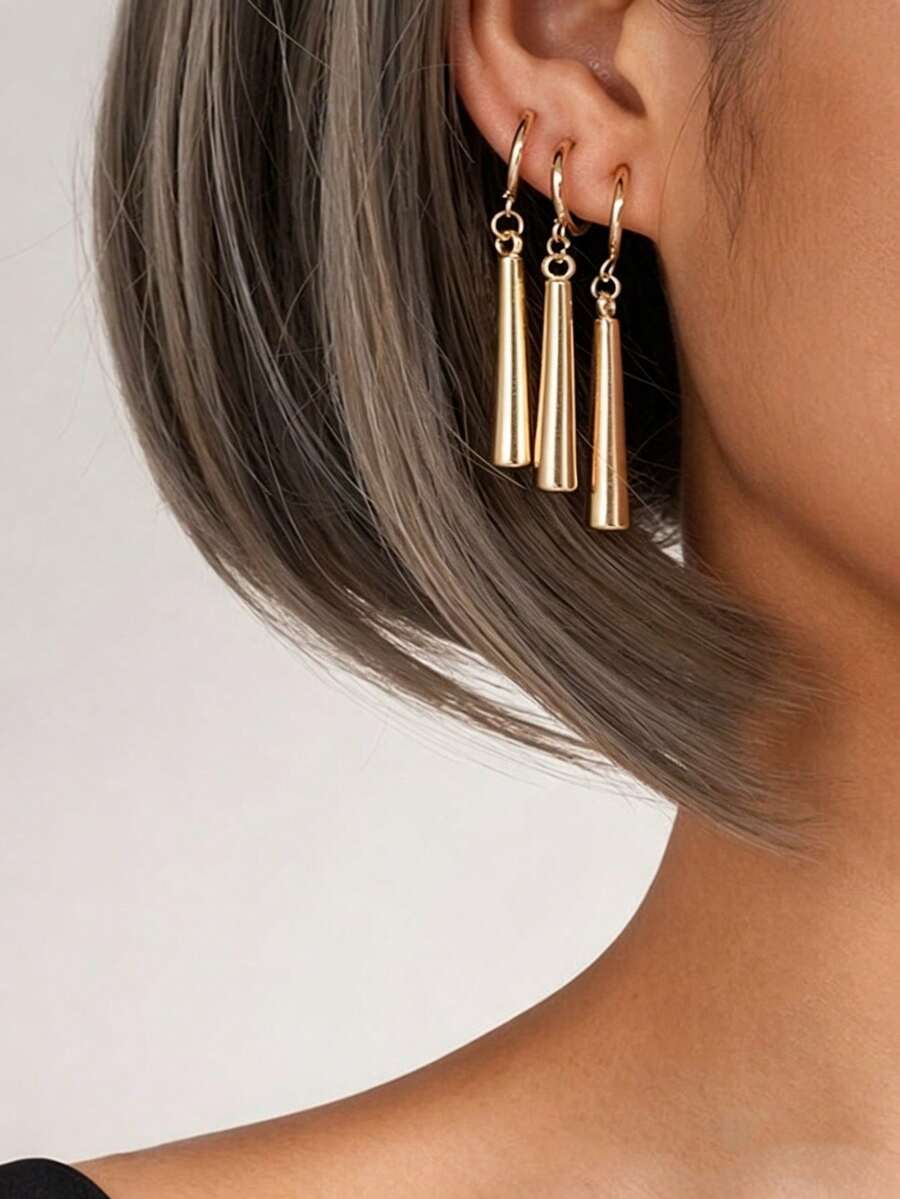 3pcs Gold Cone Tassel Earrings, Minimalist Metallic Earrings, Versatile & Face-Framing - Gold - View 1