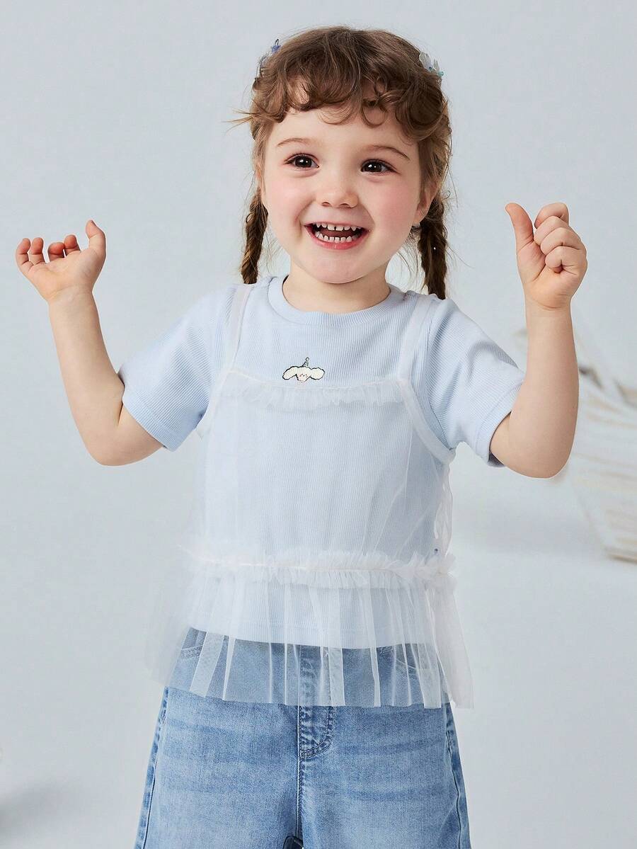 mini bala Girls Baby Short Sleeve Tee, Soft Breathable Mesh Layered Summer Top 2026 - 冰藍 - 查看 1
