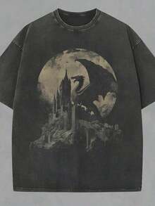 Summer Essentials Graphic TeesRetro Washed Heavyweight Cotton Men's T-Shirts, Medieval Dragon Pattern Shirts, Retro Print T-Shirts, Dark Fantasy T-Shirts, Gothic Clothing, Decadent Style Clothing,  T-Shirts, Y2K Casual Streetwear. - 黑色 - 查看 1