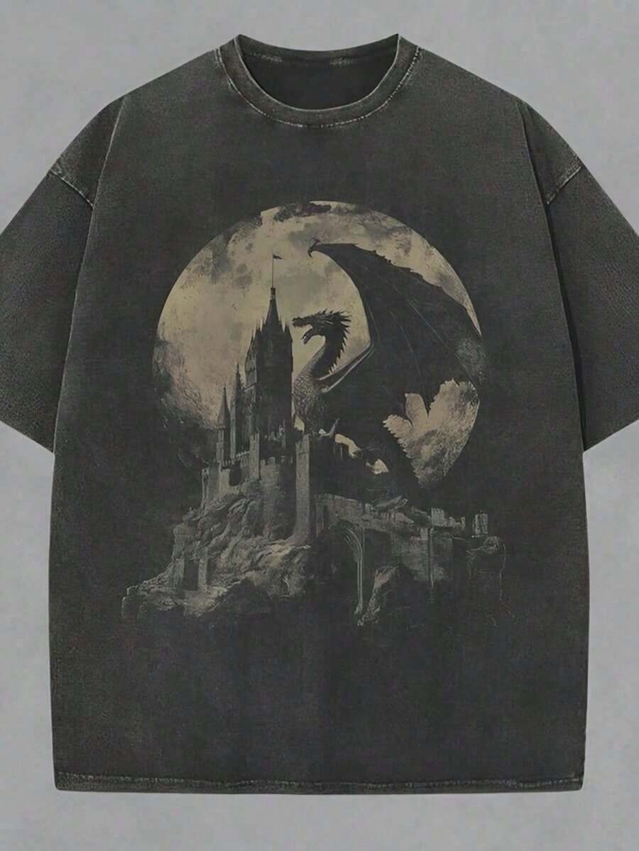 Summer Essentials Graphic TeesRetro Washed Heavyweight Cotton Men's T-Shirts, Medieval Dragon Pattern Shirts, Retro Print T-Shirts, Dark Fantasy T-Shirts, Gothic Clothing, Decadent Style Clothing, T-Shirts, Y2K Casual Streetwear. - 黑色 - 查看 1