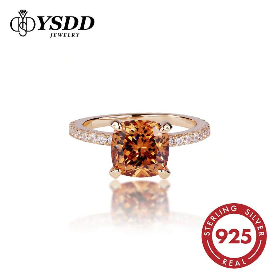 1 chiếc nhẫn đính hôn đá Cubic Zirconia cắt hình lục giác màu sâm panh, 3-5 carat, kiểu dáng Princess Cut, thiết kế 4 chấu sang trọng, nhẫn cưới thanh lịch lãng mạn, quà tặng kỷ niệm cho nữ bằng bạc Sterling S925 mạ vàng trắng. - Bạc - Xem 1