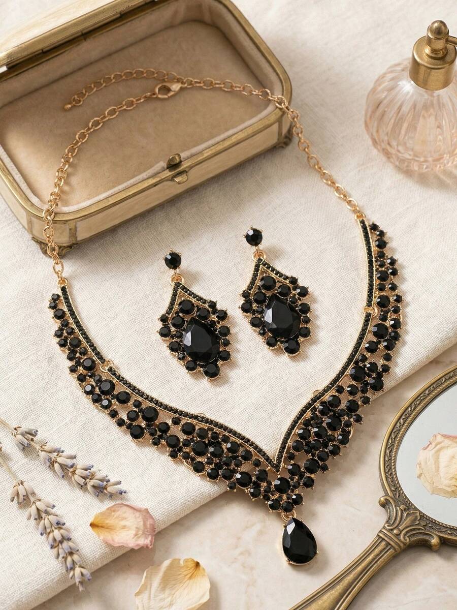 华丽黑色水晶V形粗项链和水滴形吊坠耳环三件套新娘婚礼宴会首饰套装，夏季，珠宝