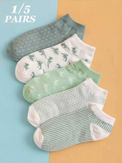 1/5 Đôi tất thuyền kẻ caro, tất ngắn in hoa màu xanh lá cây dành cho nữ, chất liệu thoải mái, cần thiết cho trang phục hàng ngày, phù hợp cho cả trong nhà và ngoài trời, kiểu dáng tối giản và vui nhộn, món quà tuyệt vời cho các dịp lễ, hoàn hảo cho các buổi chụp ảnh, đa năng.