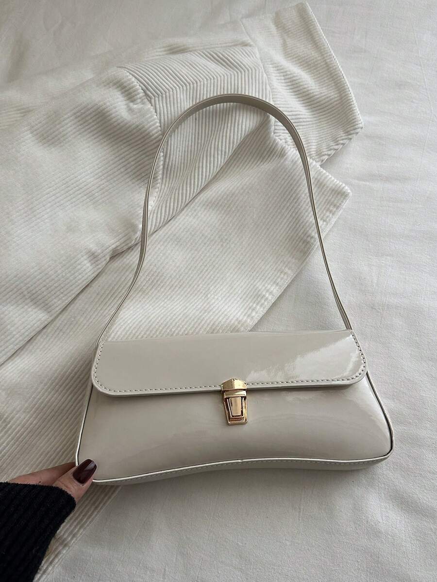 Fashionable Solid Color Metal Decor Shoulder Bag, Minimalist Elegant Underarm Handbag For Shopping, Wallet, Young Women, College Students, Career Starters, Office Ladies. Suitable For Office, University, Work, Business, Hard Work, Outdoor Activities, Travel And Outing - White - View 1