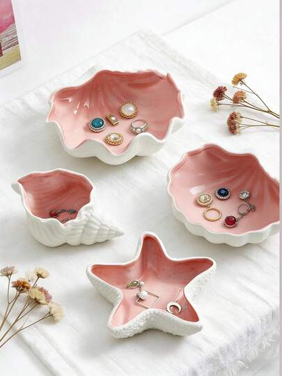 1pc Decorative Ceramic Jewelry Tray, Seashell, Starfish Shaped Trinket Dish, Ceramic Ring Earring Holder, Ocean Theme Decorative Jewelry Tray, Suitable For Rings, Earrings, Necklaces, Bracelets, Watches, Keys, Bathroom, Bedroom, Office Accessories, Home Decor Storage & Organization/Jewelry Box And Organizer/Trinket Tray