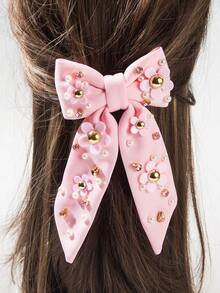 1pc White & Pink Korean Style Elegant Rhinestone Pearl Apple Flower Bow Decor Hair Clip, Versatile Fashionable Charming Hair Accessory For Women,Travel,Birthday - Pink Flowers - View 3