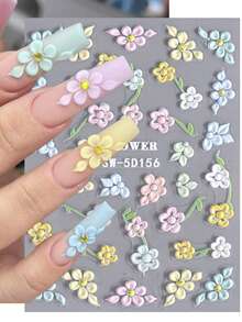 SWEET TREND 5D蕾丝花瓣浮雕美甲贴纸 1片装 彩色雏菊芙蓉花绿色藤蔓叶子 春夏花卉印花 DIY浪漫时尚婚礼假日日常雕刻自粘沙龙贴纸滑动美甲装饰 女士和女孩美甲设计 - 彩色 - 查看 1
