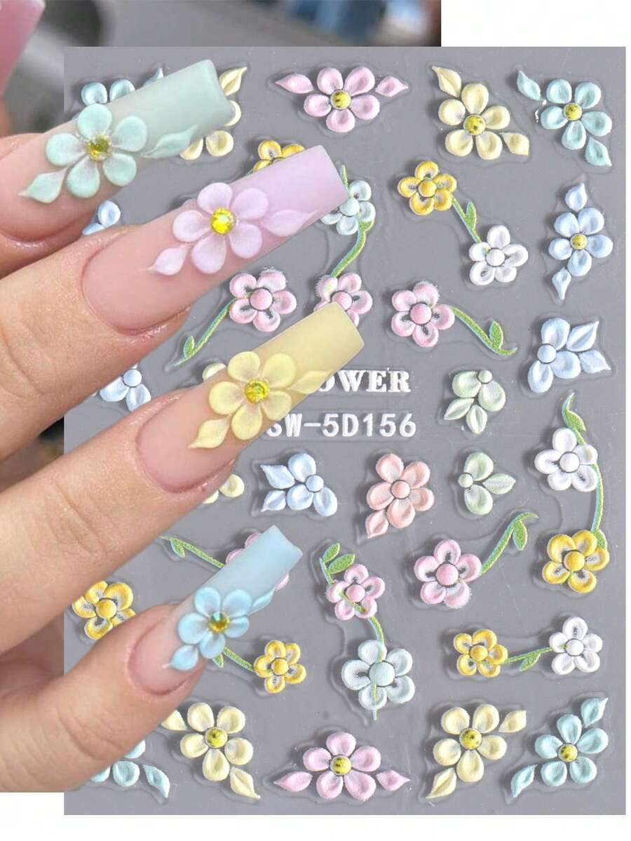 SWEET TREND 5D蕾丝花瓣浮雕美甲贴纸 1片装 彩色雏菊芙蓉花绿色藤蔓叶子 春夏花卉印花 DIY浪漫时尚婚礼假日日常雕刻自粘沙龙贴纸滑动美甲装饰 女士和女孩美甲设计 - 彩色 - 查看 1