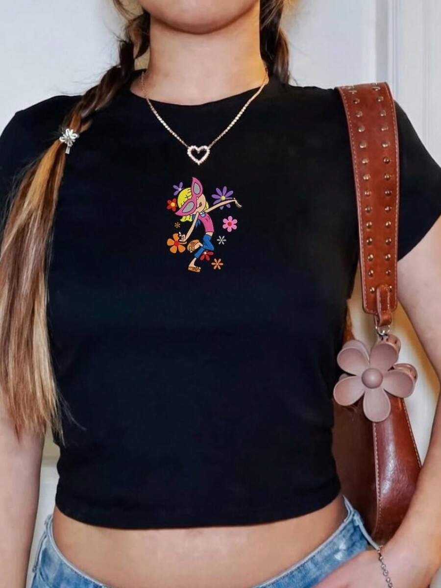 Women's Casual Tee Printed Cute Lizzie McGuire Tee Top Crop Top, Colorful Floral Lizzie McGuire Tee, Vacation Girls, Y2K Fashion, And Cute Style - 黑色 - 查看 1