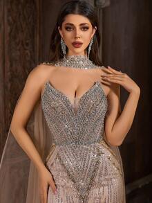 Luxury Champagne Gold Sequin Mermaid Evening Dress With Long Sheer Shawl, Shiny V-Neck Formal Maxi Gown With Back Tie Design Party Wedding - Apricot - View 7