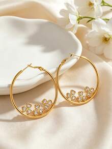 2 piezas Pendientes de aro únicos y lujosos chapados en oro de acero inoxidable para mujeres, con accesorios de joyería diaria con forma de corazón de cristal brillante y trébol de piedras rhinestone - Dorado - Ver 2