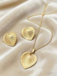 3 pezzi Set di collana e orecchini a perno da donna alla moda in oro 18K. Caratterizzato da conchiglie, foglie, farfalle e cuori. Eleganti orecchini e collana da donna. Adatto per uso quotidiano, vacanze al mare, Pasqua e regalo per la Festa della Mamma. - Dorato - Visualizzare 8