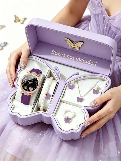 Bộ trang sức 6/5 món thanh lịch dành cho bé gái, mặt đồng hồ hình trái tim đính pháo hoa, bao gồm dây chuyền, vòng tay, nhẫn và bông tai với họa tiết bướm ngọc trai duyên dáng, phù hợp để đeo hàng ngày, đi học, dự tiệc và du lịch. Món quà tuyệt vời nhất cho sinh nhật, Ngày Valentine, Ngày của Mẹ.