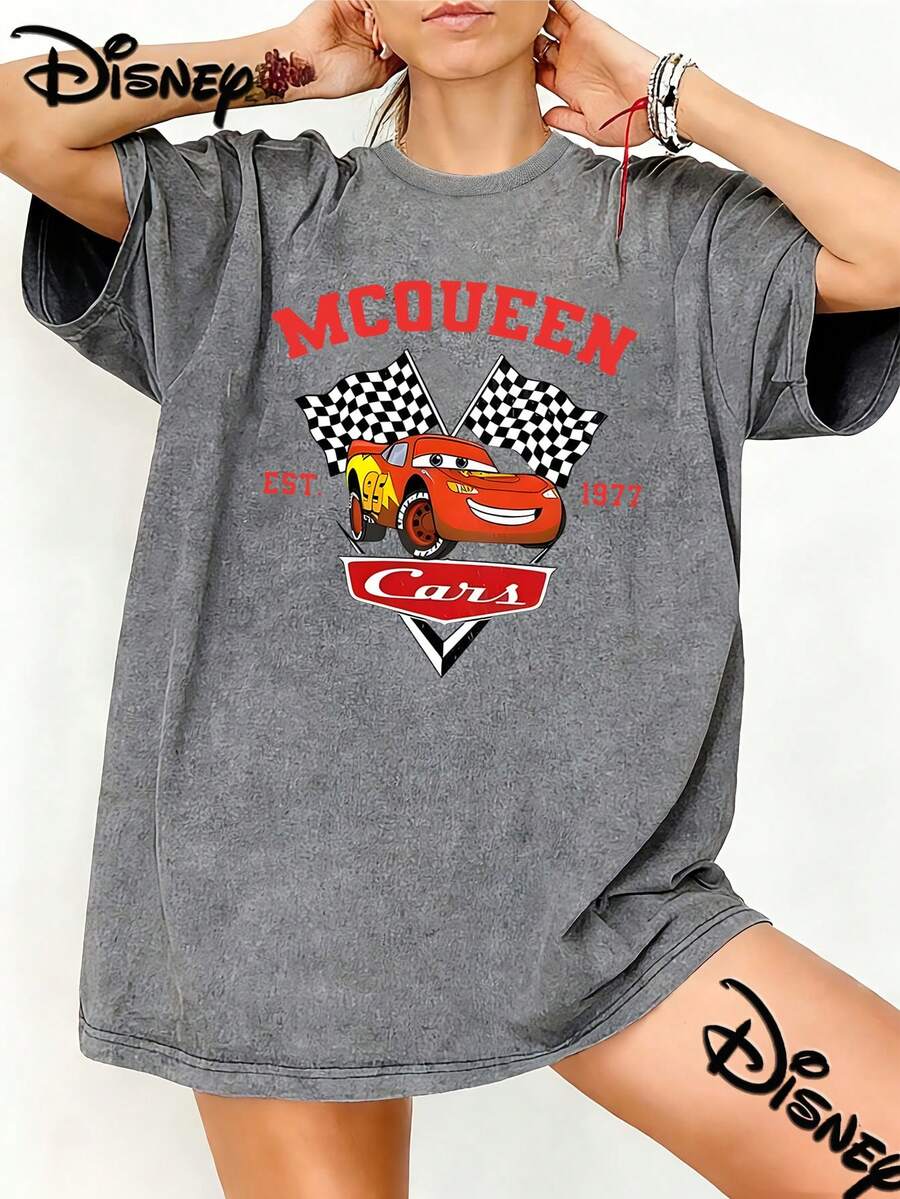 Disney Cars Lightning McQueen Retro Racing Vintage Washed Black Oversized Cotton T-Shirt, Sporty Loose Fit Tee For Women Men, Perfect For Disney Fans, Daily Wear & Gift - Xám - Xem 1