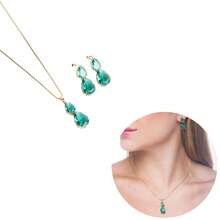 Luxury Gold Semi-Jewelry Kit With Earring, Chain And Double Drop Pendant In Zirconia – 18k Gold Plated - Đá Tourmalin - Xem 6