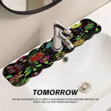 1pc Black Background Embroidery-Style Floral Asymmetric Pattern Faucet Mat, Dish Drying Mat, Absorbent Mat, Suitable For Home Sink, Kitchen, Decoration And Gifts - Black Background With Red Daisies, Imitation Embroidery - View 3