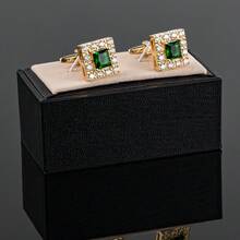 Elegant Green Square Rhinestone Cufflinks. Minimalist & Modern. Perfect For Business, Weddings, Gifts & Formal Events. Elevate Your Style. - Golden Green - View 2