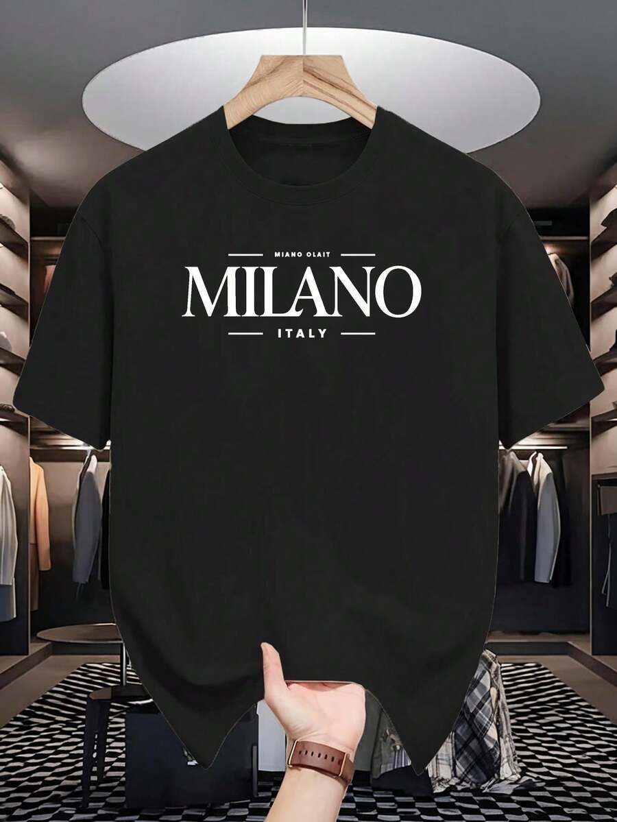 Camiseta de Algodón Grueso de 180g para Hombre con Estampado Gráfico de Milán, Italia - Blanca y Negra, Cuello Redondo Casual, Manga Corta, Transpirable, Cómoda para Todas las Temporadas, Estilo Casual Italiano, Lavable a Máquina - Negro - Ver 1