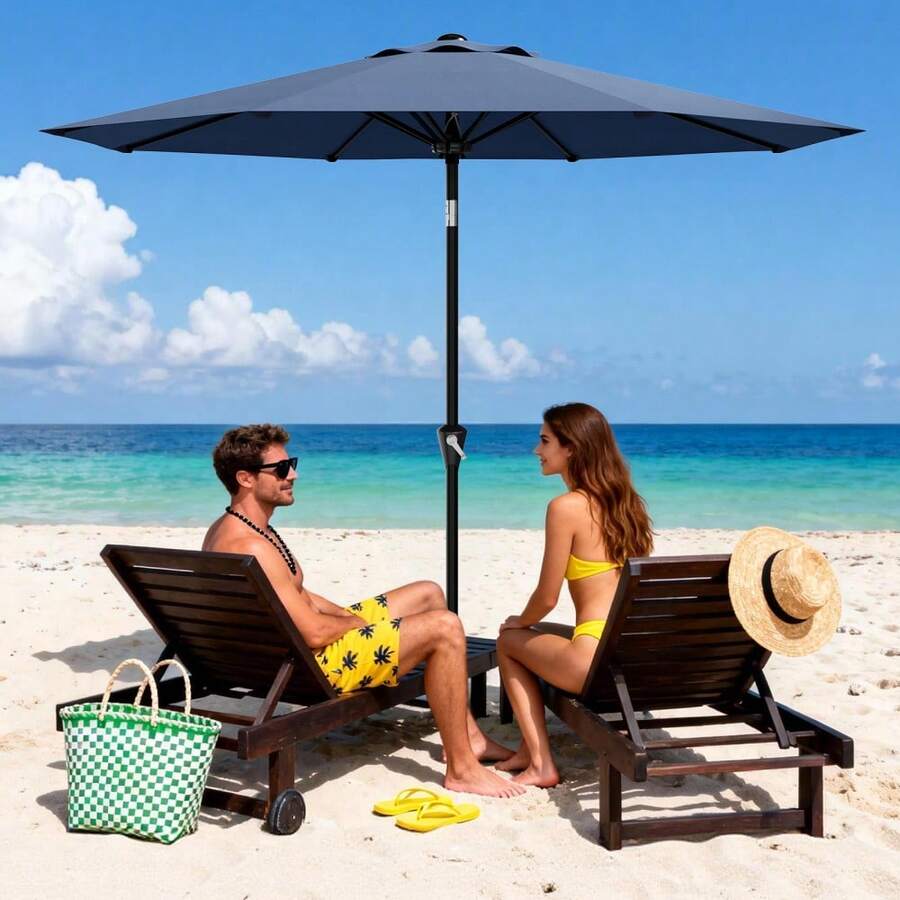 Hodeffior 2.7 M Patio Umbrella With Crank And Push Button Tilt, Outdoor Table Umbrella With 8 Ribs And Vented Canopy, Garden Parasol For Deck Backyard Poolside, Base Not Included - Navy Blue - View 1