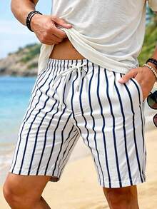 男士蓝白条纹沙滩短裤，休闲日常穿着及度假之选 - 黑與白 - 查看 2