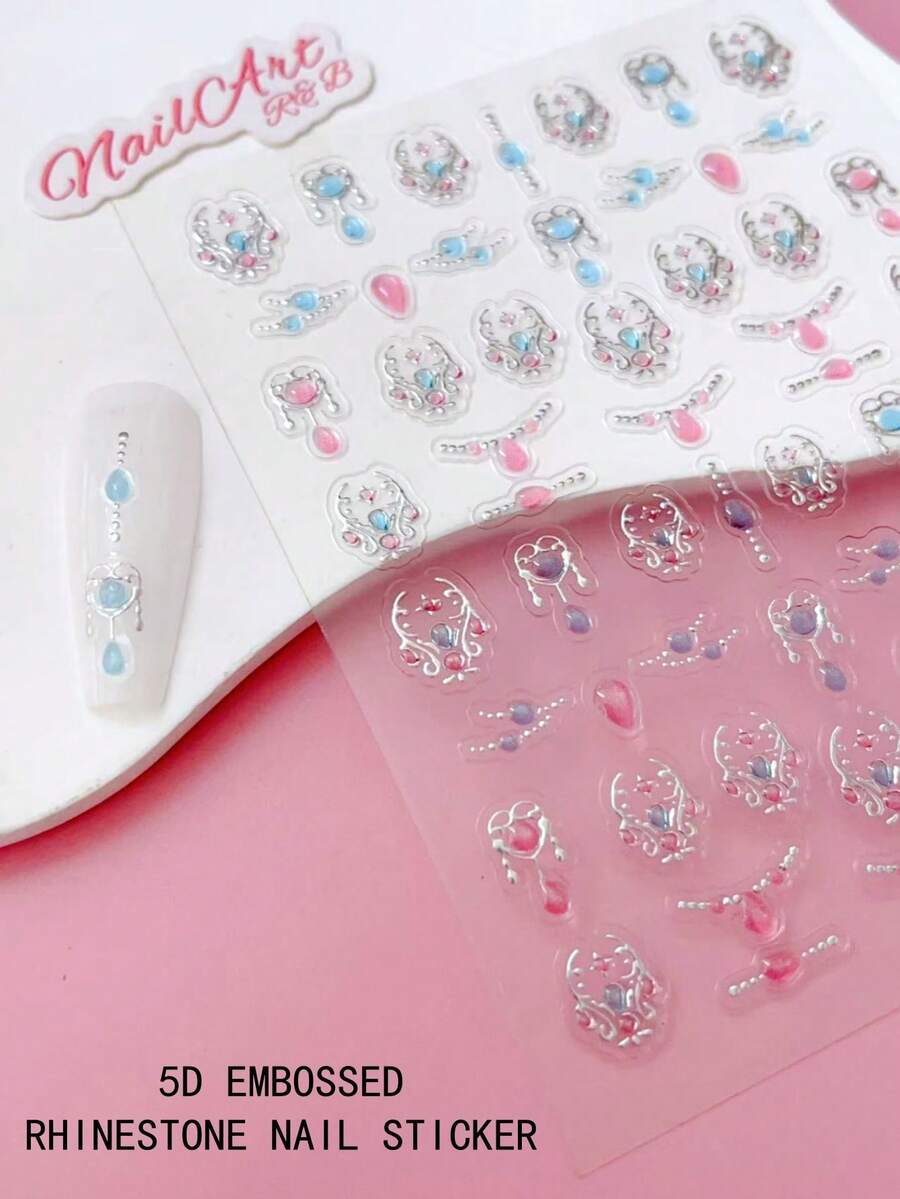 Miếng dán móng tay đính đá 5D nổi, trang trí móng tay DIY, sticker dán móng tay, với họa tiết 5D nổi kiểu cổ điển, màu hồng và xanh tương phản với viền bạc tạo hiệu ứng đá mắt mèo, hoàn hảo cho các cô gái sáng tạo nghệ thuật vẽ móng. Thích hợp để tạo phong cách Lolita/Công chúa ngọt ngào và dễ thương, cũng như phong cách cổ điển với móng tay kiểu Pháp. - Nhiều màu - Xem 1