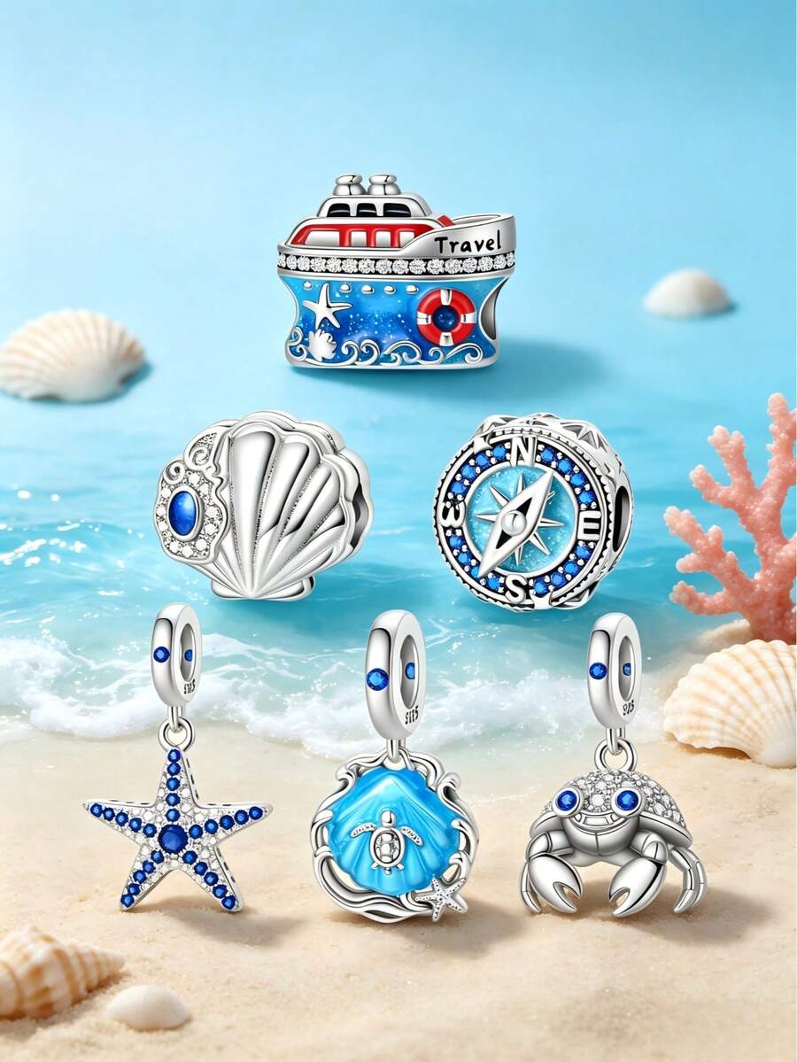 1件波西米亚度假风925纯银海洋大船、指南针、螃蟹、海龟、贝壳、海星DIY原创手链、项链、钥匙扣吊坠，可制作独特的节日、派对、聚会、生日、毕业典礼等礼物。 - 彩色 - 查看 1
