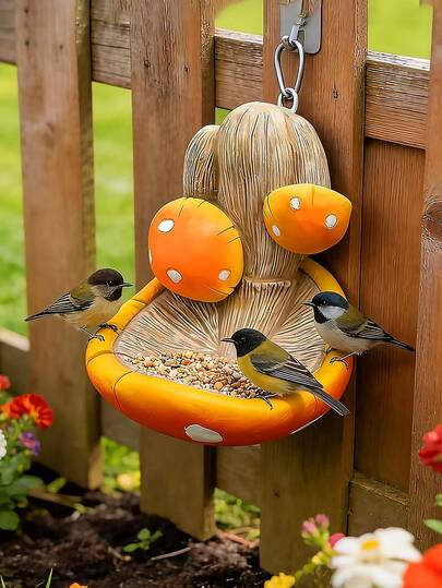 Fun Bird Feeder - Unique Mushroom-Shaped Resin Garden Decoration, Outdoor Garden Decoration Accessory (Home Decor), Creative Outdoor Bird Feeder Set, Resin Material, Fence Wall-Mounted Decoration, Perfect Mother's Day Gift.