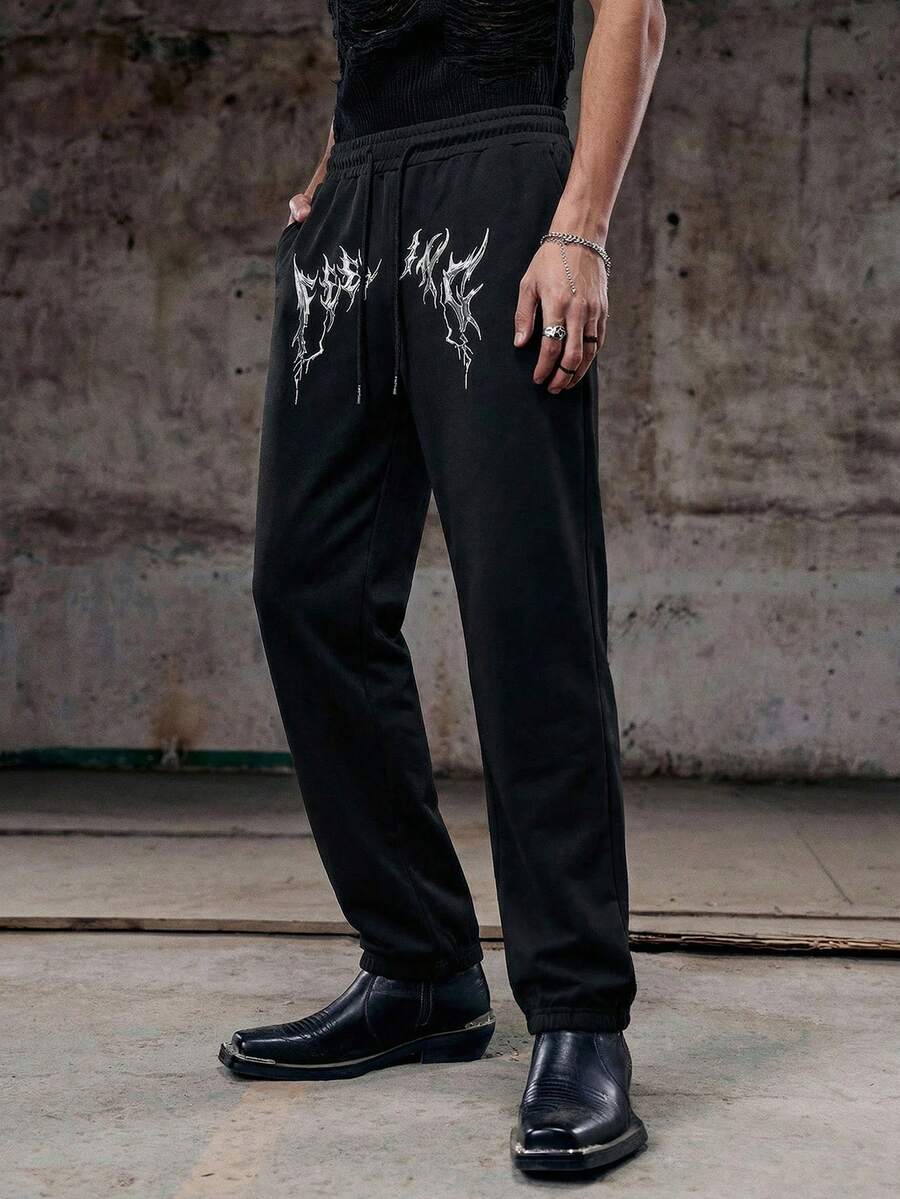 Skyrend Krometka Men's Casual Street Sweatpants, Fluid Acid Metal Graphic Print, Drawstring Waist, Leading Fashion Athleisure - Black - View 1