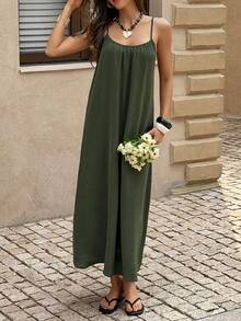 Đầm maxi thanh lịch PoPoHouse dành cho nữ, kiểu dáng gợi cảm, hở lưng, dây mảnh, thắt eo, thích hợp cho kỳ nghỉ hè, đi biển, mặc thường ngày, đi chơi, màu xanh quân đội. - xanh quân đội - Xem 6