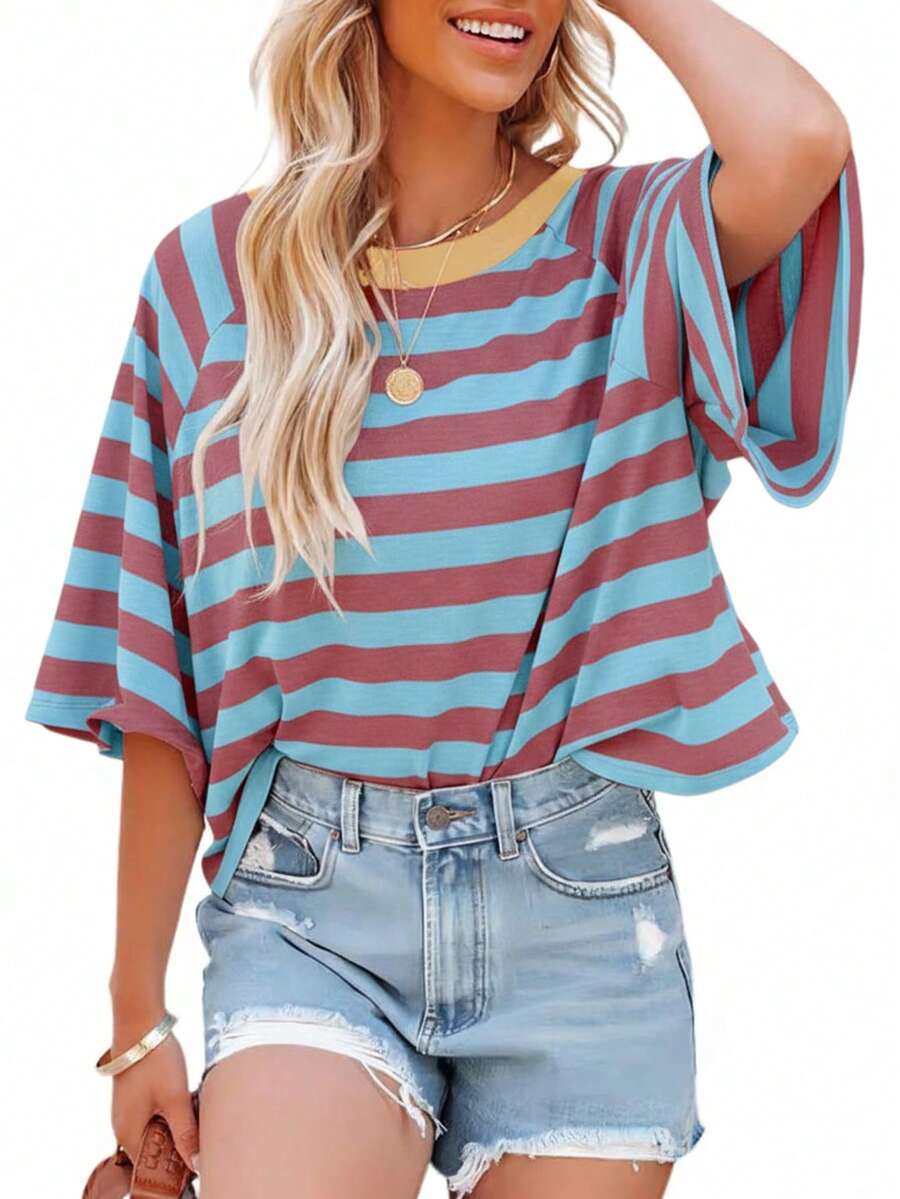 Minimalist Striped Round Neck Loose Short Sleeve T-Shirt For Women, Suitable For Summer Wear, Oversized Tee Casual - Redwood - View 1
