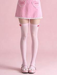 1双女士可爱蝴蝶结天鹅绒过膝袜，柔粉色少女风腿套，JK洛丽塔风格，适合可爱女孩装扮 - 彩色 - 查看 11