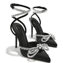 Stilettos pointus et brillants avec nœud en strass et fines lanières pour femmes. - Argent - Voir 5