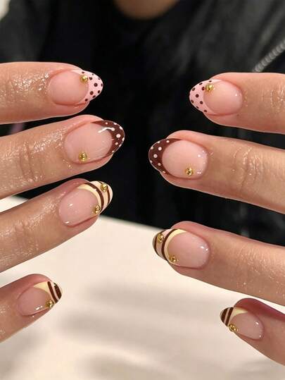 24pcs/Set Y2K Minimalist Style Bicolor Striped Polka Dot French Manicure Short Oval Press-On Nails With Glitter Accents, Includes Gel Polish And Nail File, Suitable For Daily Wear, Office, Afternoon Tea, Party