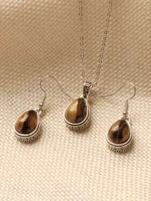 1 buah Kalung Bentuk Tetesan Air Mata Bertekstur Cokelat Vintage & 1 Pasang Anting yang Serasi - Coklat - View 6