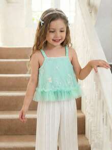 Girls Summer Fairy-Style 2 Pieces Set, Mint Green Embroidered Mesh Hem Cami Top + Pleated Wide Leg Long Pants, Fresh And Elegant - Mint Green - View 3