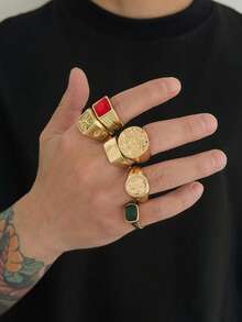 6pcs Vintage Gold Stamp Rings, Men's Punk Style Colorful Stacking Rings, Hip Hop Personalized Accessories - Gold - View 3