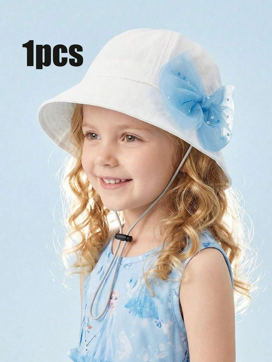 1 pieza Nuevo sombrero de cubo con gran lazo de malla azul, sombrero de sol para niños de primavera/verano, ajustable, transpirable, ligero, plegable, suave y lavable para niñas - 1PC - Ver 1