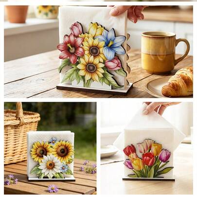 1/3 chiếc giá đựng khăn ăn hình hoa tulip, đồ trang trí bằng gỗ họa tiết hoa hướng dương có chân đế, tấm trang trí để bàn, đồ dùng nhà bếp phong cách mộc mạc cho các bữa tiệc ngày lễ, vật trang trí trung tâm bàn ăn, trang trí nhà cửa.