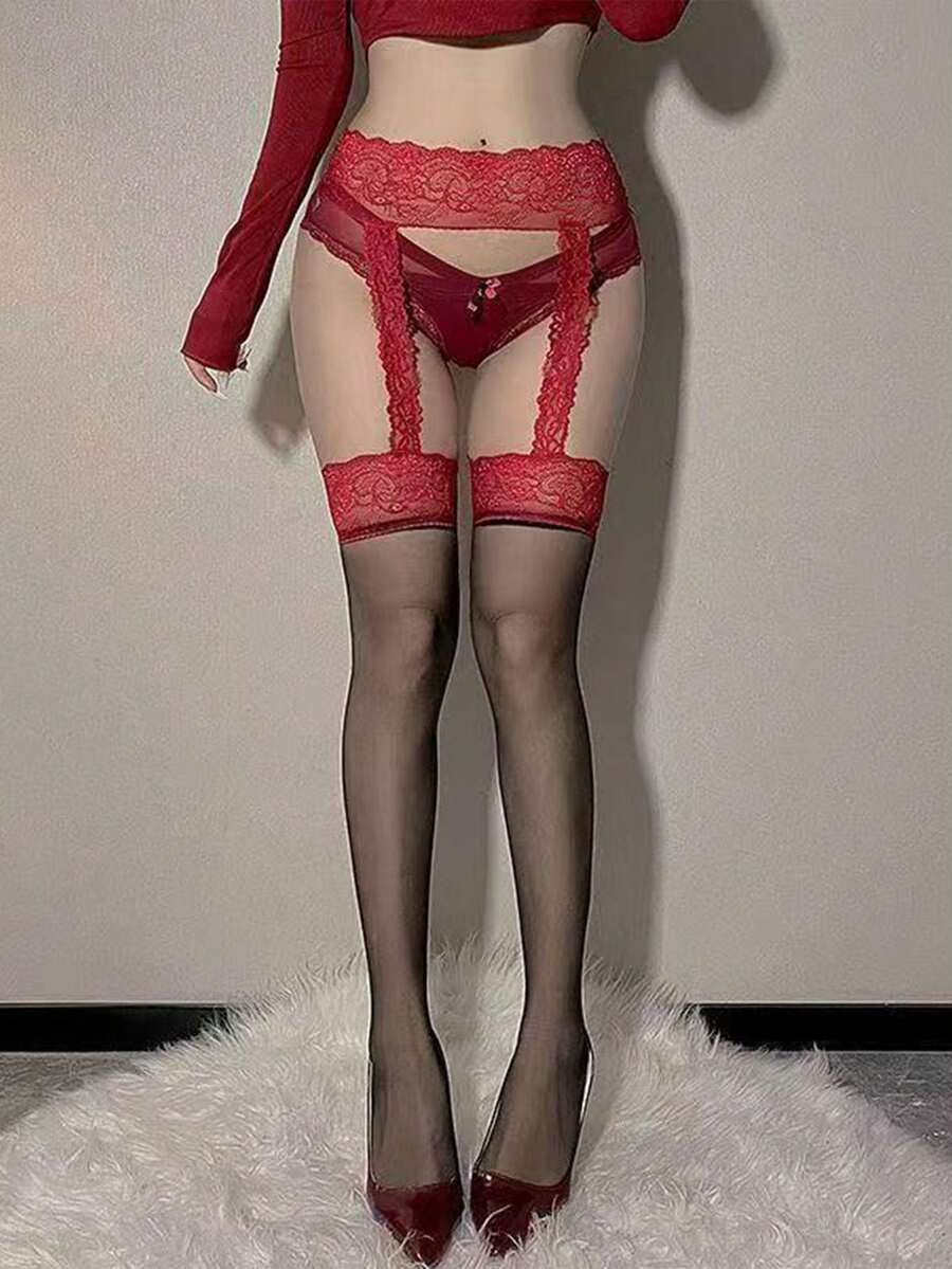 1双光滑马油黑色蕾丝大腿袜，性感吊袜带长筒袜 - 彩色 - 查看 1