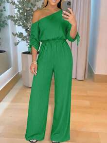 ChicMe Bộ jumpsuit nữ cổ chéo, tay áo có dây rút, eo chun, dáng rộng, ống quần, kiểu dáng thanh lịch, phù hợp mặc hàng ngày, công sở và dự tiệc. - màu xanh lá - Xem 3