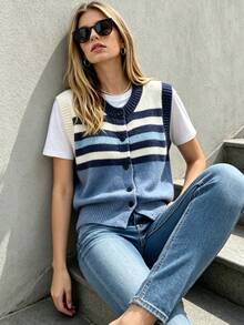 Áo vest dệt kim cổ tròn kẻ sọc dáng thường ngày dành cho nữ, thích hợp cho mùa xuân/hè. - Xanh và trắng - Xem 2