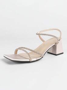 Women's Pink Open Toe Rhinestone Decorated Chunky Heel Dress Shoes, Elegant Party Socialite Minimalist Formal Footwear - Pink - View 3