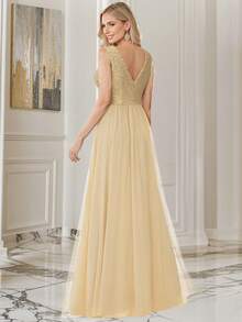 Váy cocktail đính sequin ôm sát cổ chữ V thời trang - Vàng - Xem 3