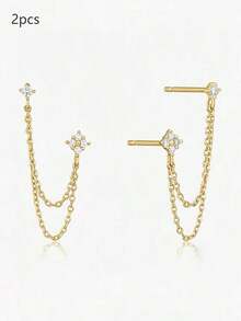 2pcs Cubic Zirconia Decor Chain Pendant Stud Earrings, Jewelry Women - Gold - View 8