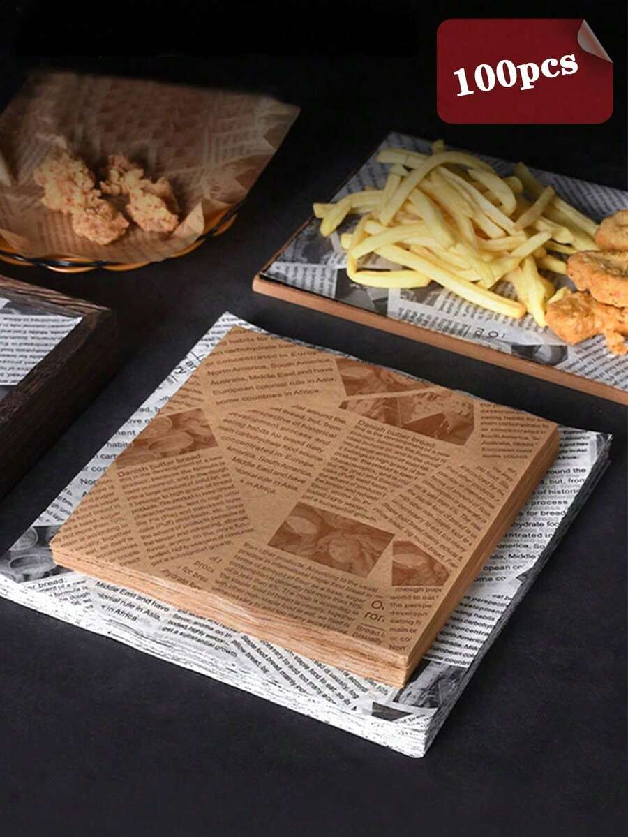 1/50/100张烘焙纸，三明治包装纸，烘焙用品，复古报纸印花食品衬垫，托盘衬垫，篮子衬垫，快餐店，咖啡馆，桌面装饰，家庭厨房，食品包装纸，防油纸 - 彩色 - 查看 1