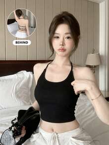 Áo croptop hai dây màu đen gân sọc tối giản gợi cảm, áo camisole không tay ôm sát, phong cách thường ngày. - màu đen - Xem 2