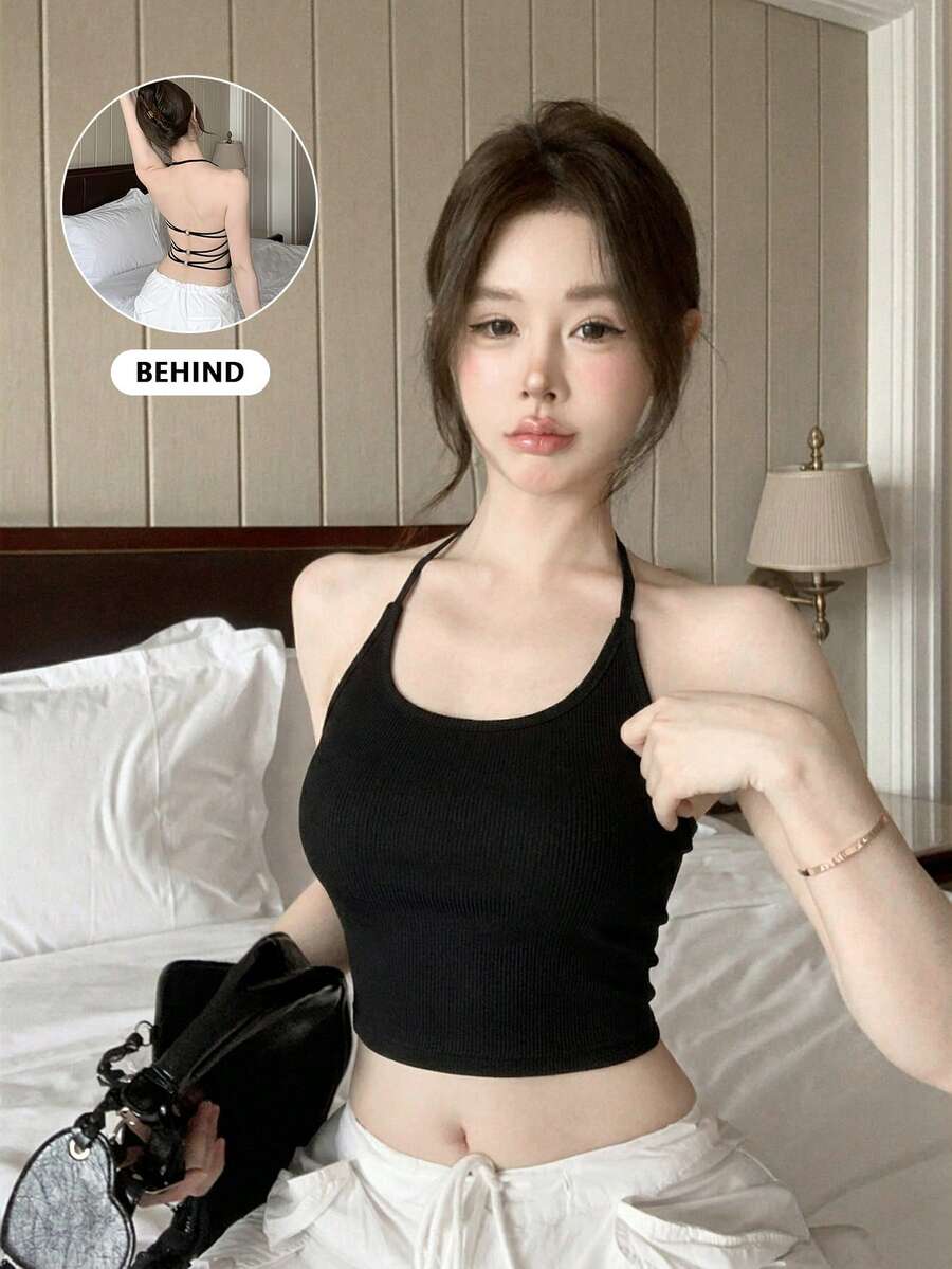 Minimalist Sexy Black Ribbed Spaghetti Strap Crop Top, Fitted Sleeveless Camisole Casual Summer - Black - View 1