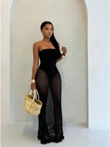Summer Vacation Style Women's Strapless Hollow-Out Sexy Knitted Unique Dress - 黑色 - 查看 6