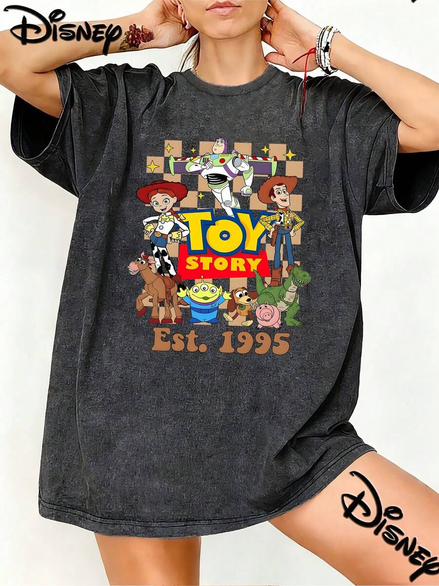 Disney Toy Story All Characters Retro Est 1995 Vintage Washed Black Oversized Cotton T-Shirt, Retro Loose Fit Tee For Kids Adults, Perfect For Disney Fans, Daily Wear & Gift - màu đen - Xem 1
