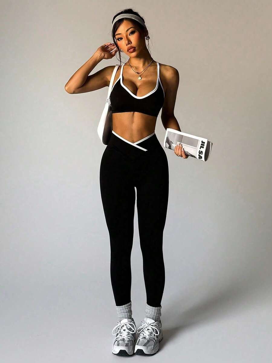 Women Casual Sports Contrast Trim Bra & Leggings Set - Black - View 1